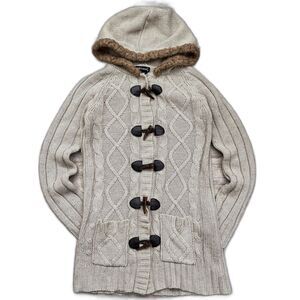 Y2K Wet Seal Toggle Hooded Cable Knit Cardigan Fur Trim Cozy Coquette Cabin Core